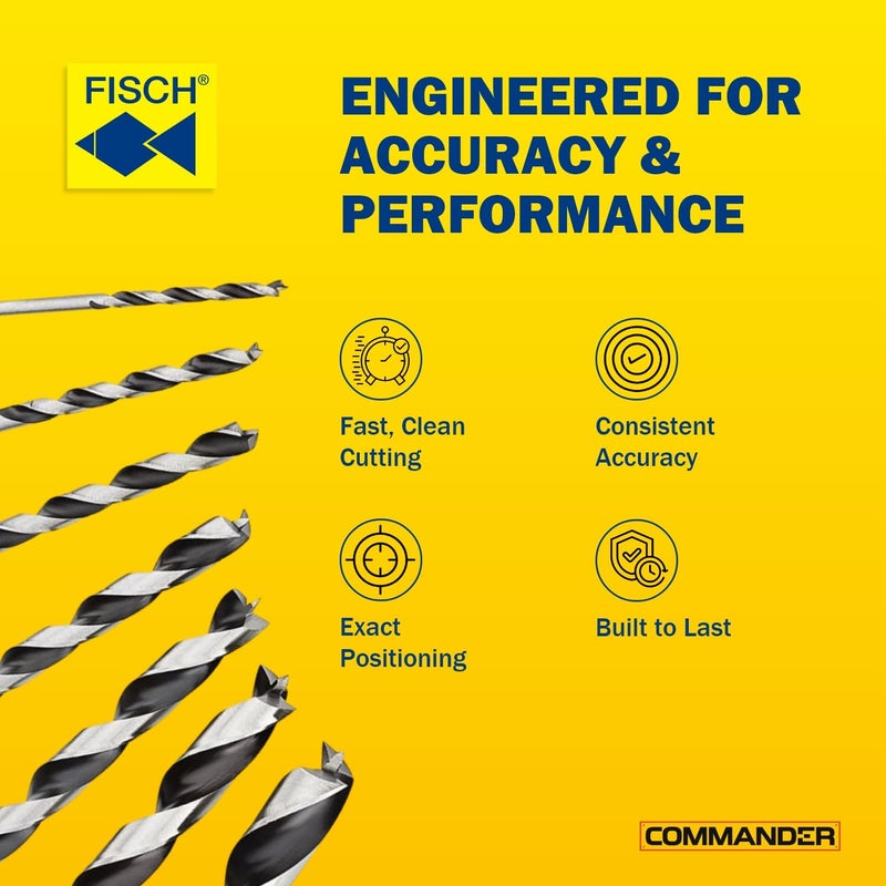 Fisch Premium Brad Point Drill Bit Set, High-Accuracy Woodworking Bits with Beveled Edges for Smooth, Tear-Free Holes, Ideal for Pros & DIY, Made in Austria, 7 Pcs Set Inc (1/8" to 1/2") - Image 3